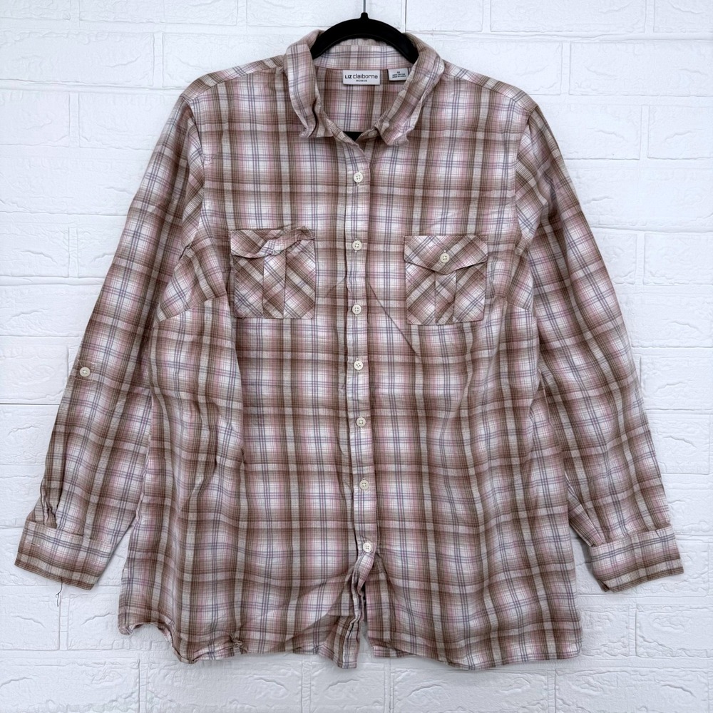 Liz Claiborne Button Down Shirt Womens 1X Brown Plaid Roll Tab Sleeve Cotton